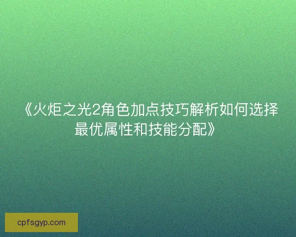 《火炬之光2角色加点技巧解析如何选择最优属性和技能分配》